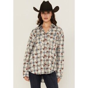 Evergreen Women's Sz L Floral Plaid Print Long Sleeve Button-Down Western Shirt